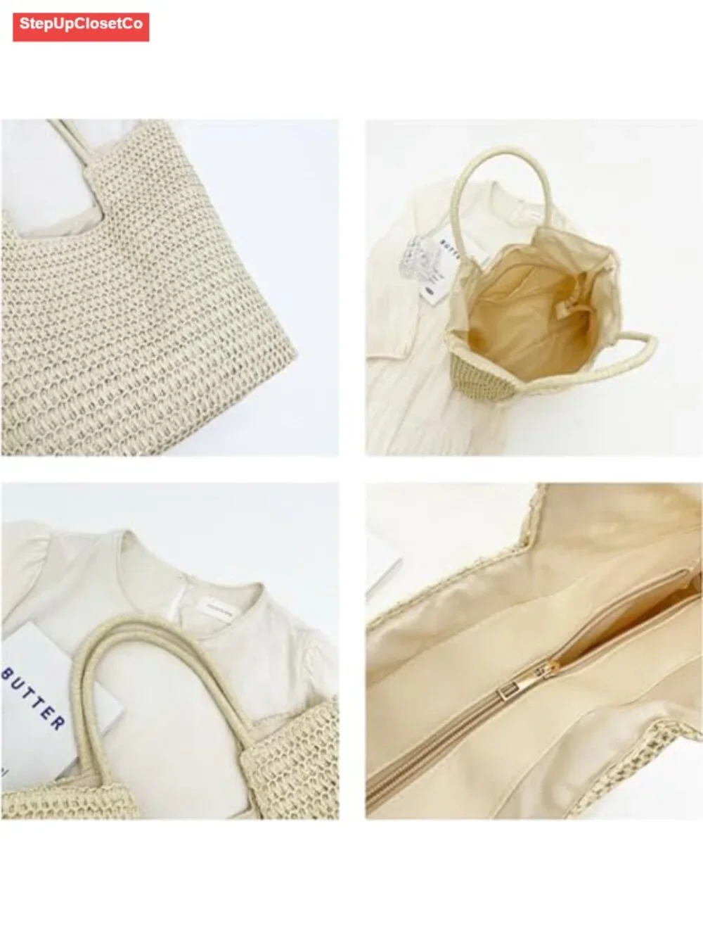 Straw Woven Beach Tote Hobo with Zipper, Women Vacation Shoulder Bag